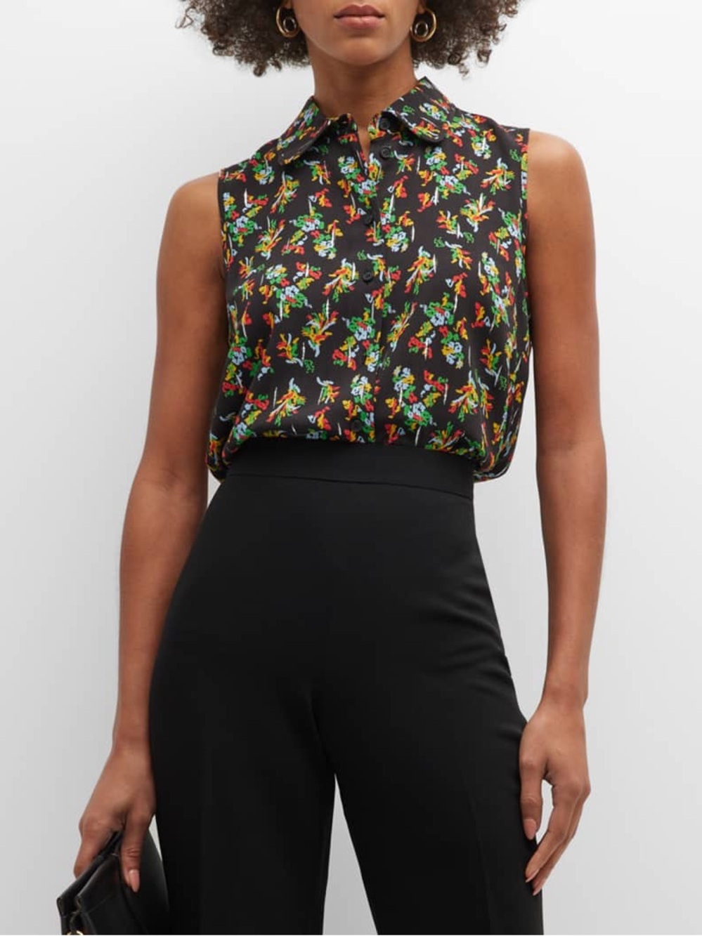Lafayette 148 New York Black Sleeveless Floral Button-Down - Size Large NWOT